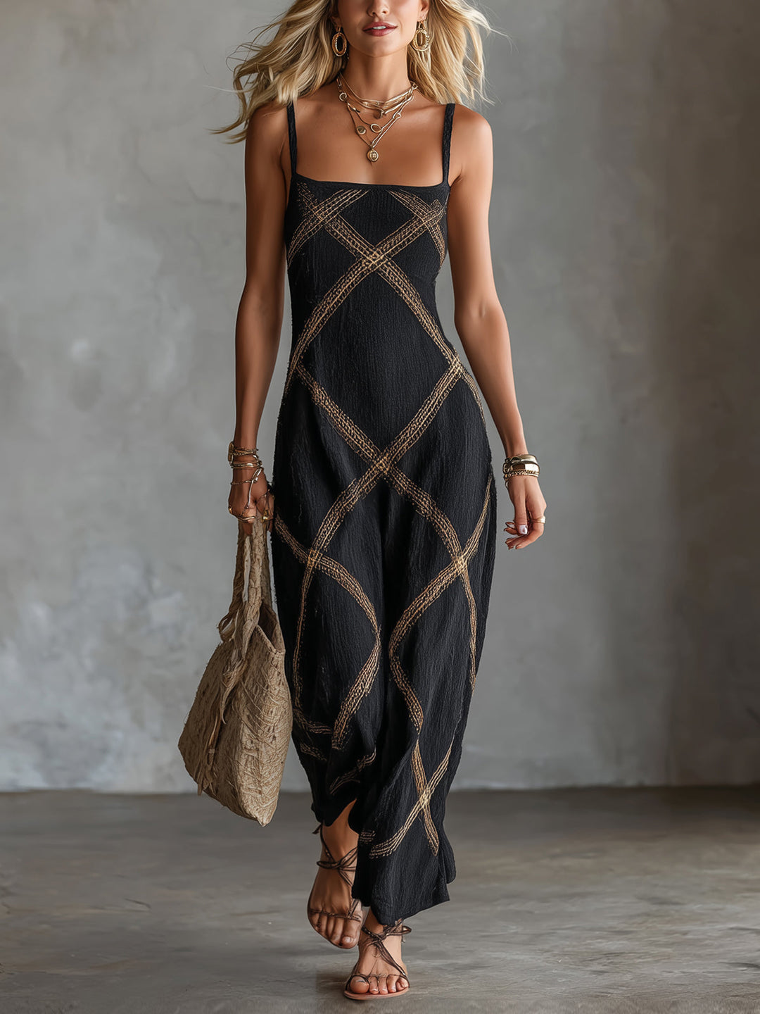 Selvorne | Women's Geometric Maxi Dress Square Neck - Black - Image 1