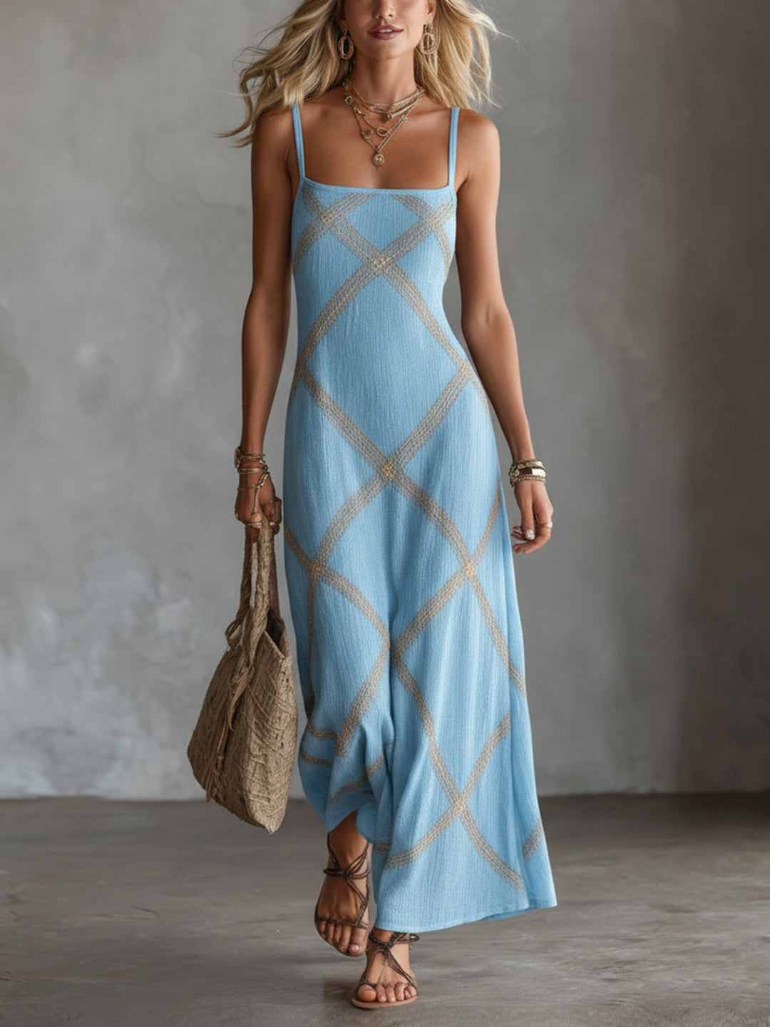 Selvorne | Women's Geometric Maxi Dress Square Neck - Black - Image 2