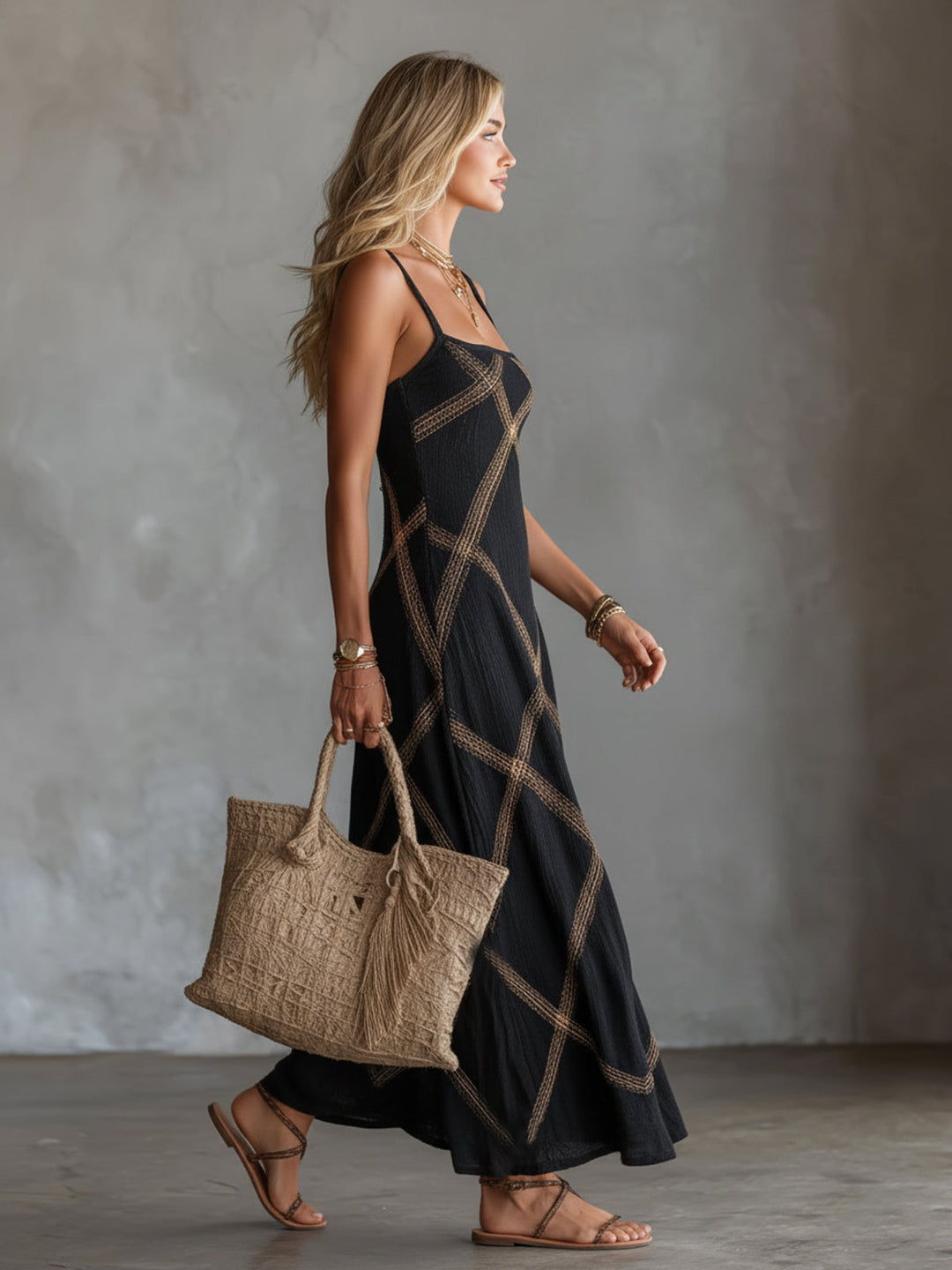 Selvorne | Women's Geometric Maxi Dress Square Neck - Black - Image 7