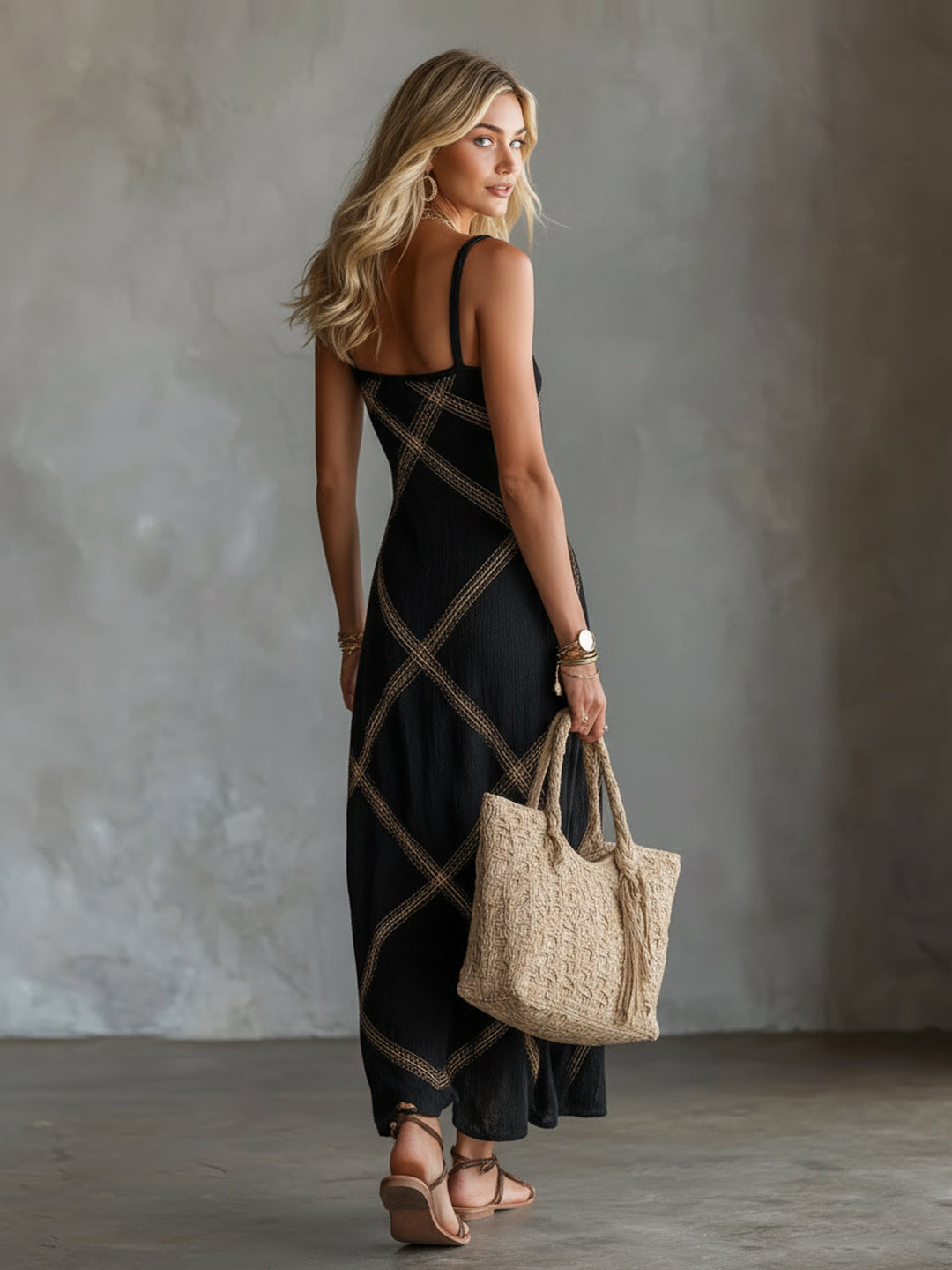 Selvorne | Women's Geometric Maxi Dress Square Neck - Black - Image 8