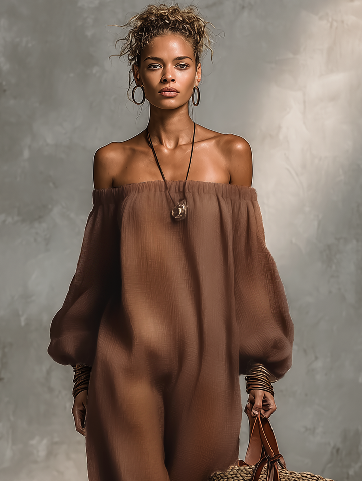 Selvorne | Women's Summer Maxi Dress Off-Shoulder - Brown - Image 2