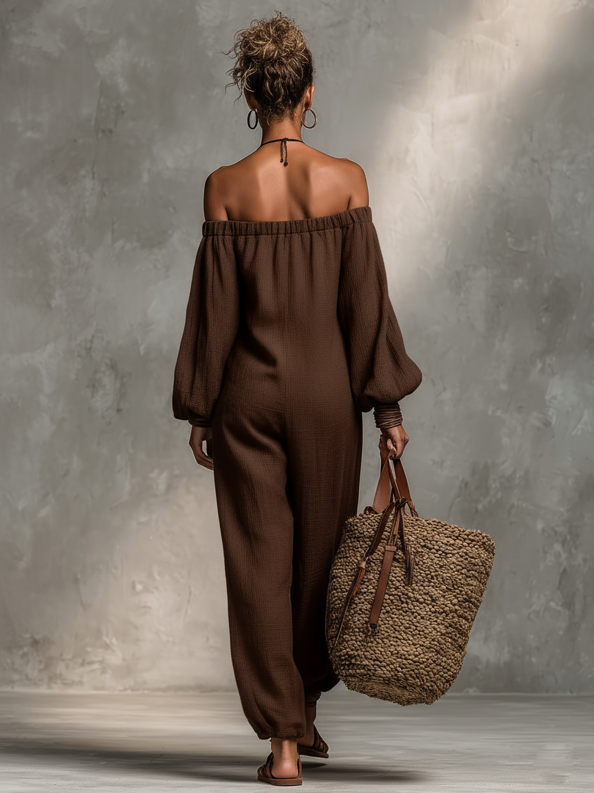 Selvorne | Women's Summer Maxi Dress Off-Shoulder - Brown - Image 5