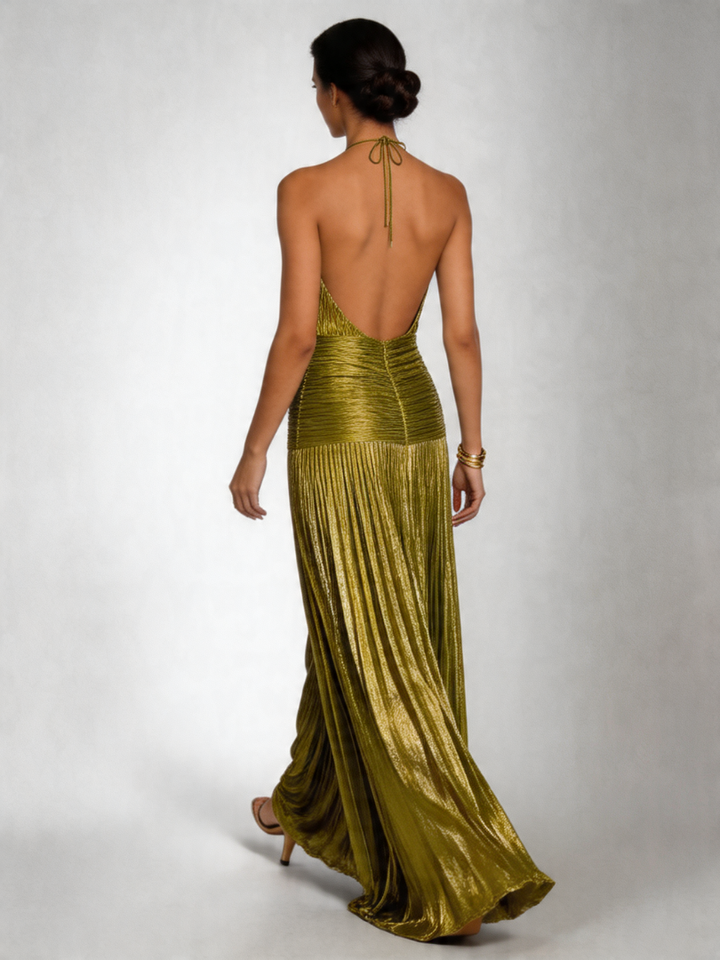 Serevna | Women's Halter Neck Pleated Maxi Dress - Pink - Image 10