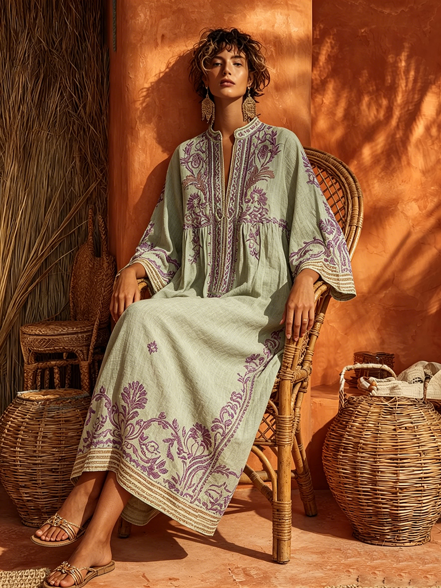 Severine | Women's Summer Maxi Dress Boho Kaftan - Sage - Image 2