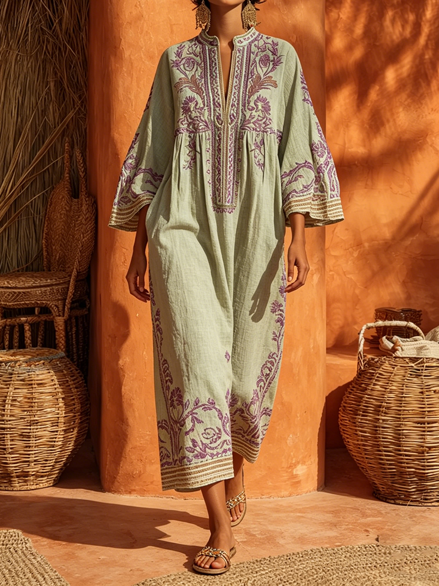 Severine | Women's Summer Maxi Dress Boho Kaftan - Sage - Image 4