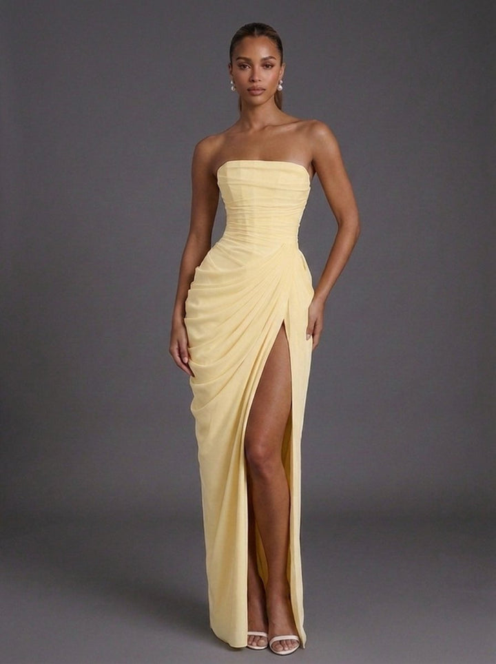 Solenne | Women's Strapless Ruched Cocktail Maxi Dress - Yellow - Image 1