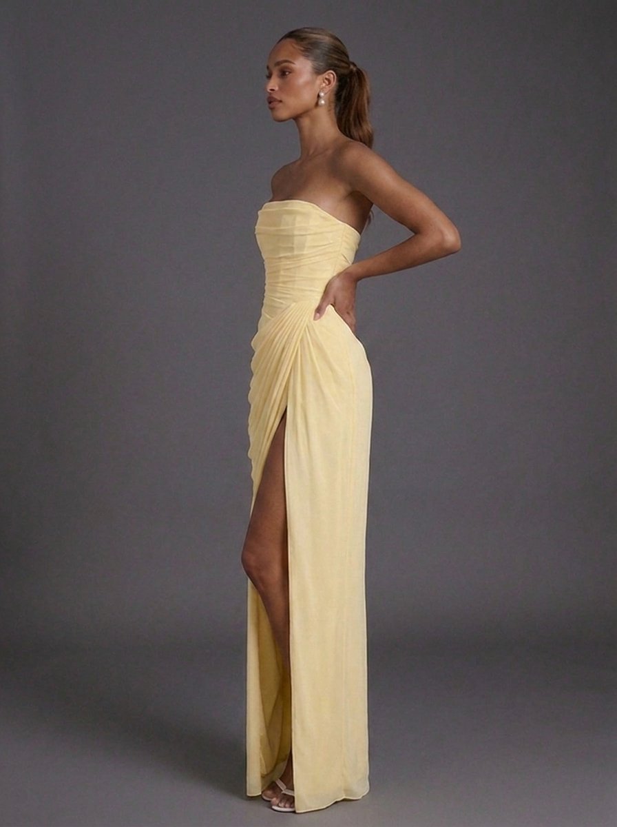 Solenne | Women's Strapless Ruched Cocktail Maxi Dress - Yellow - Image 2