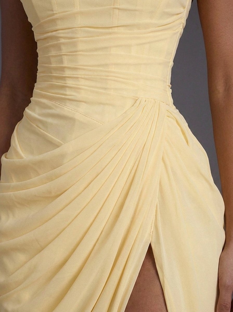 Solenne | Women's Strapless Ruched Cocktail Maxi Dress - Yellow - Image 3