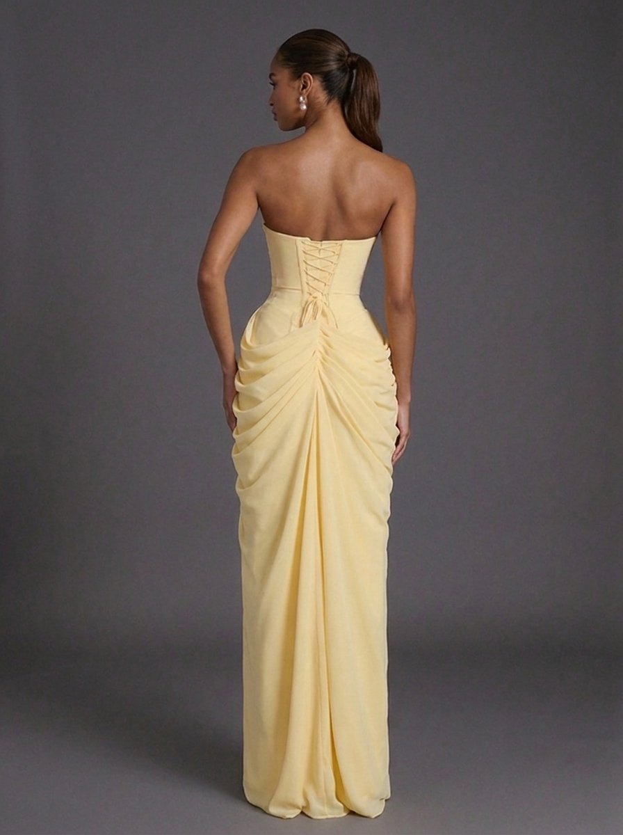 Solenne | Women's Strapless Ruched Cocktail Maxi Dress - Yellow - Image 4