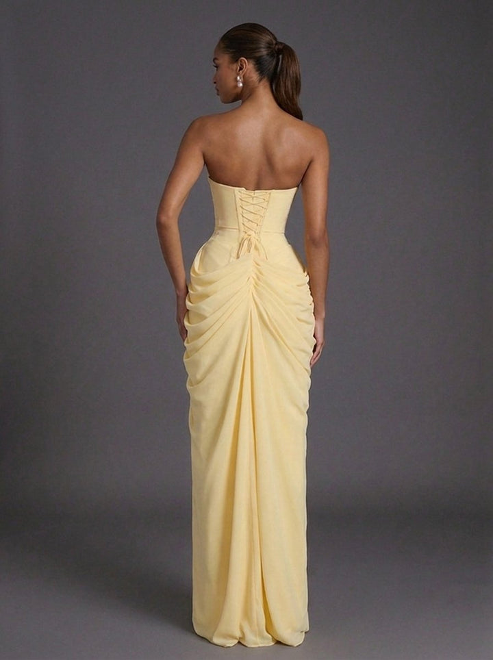 Solenne | Women's Strapless Ruched Cocktail Maxi Dress - Yellow - Image 4