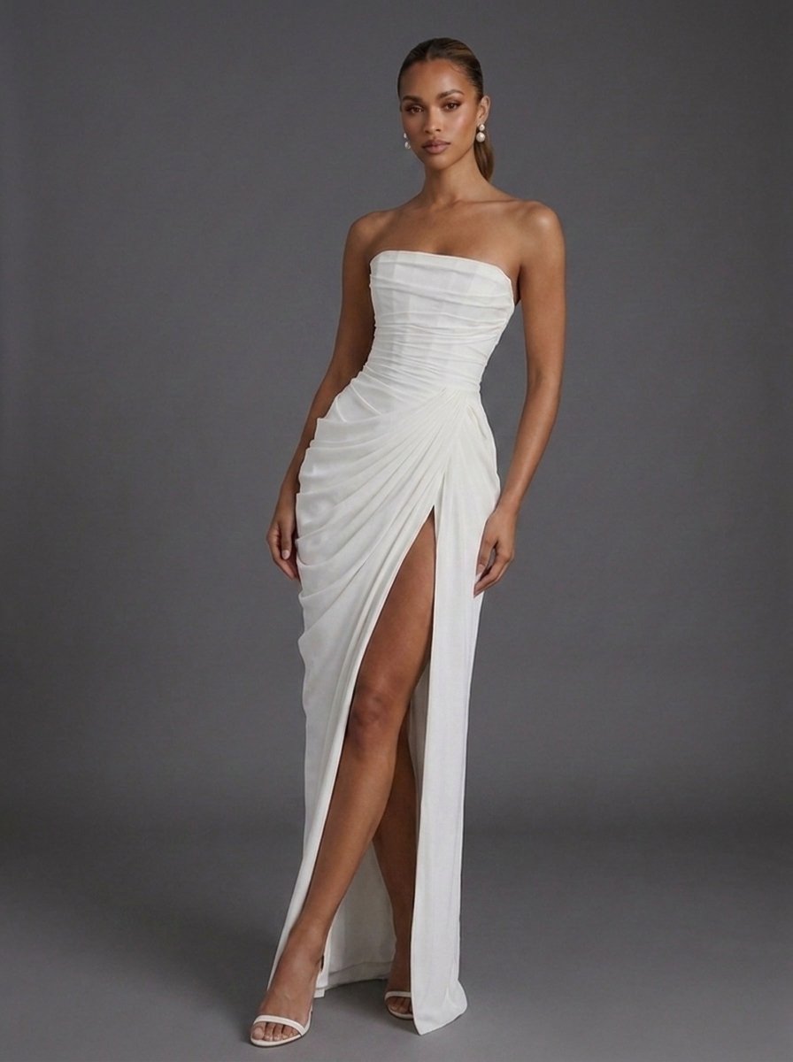 Solenne | Women's Strapless Ruched Cocktail Maxi Dress - Yellow - Image 7