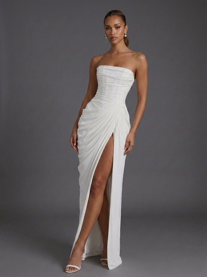 Solenne | Women's Strapless Ruched Cocktail Maxi Dress - Yellow - Image 7