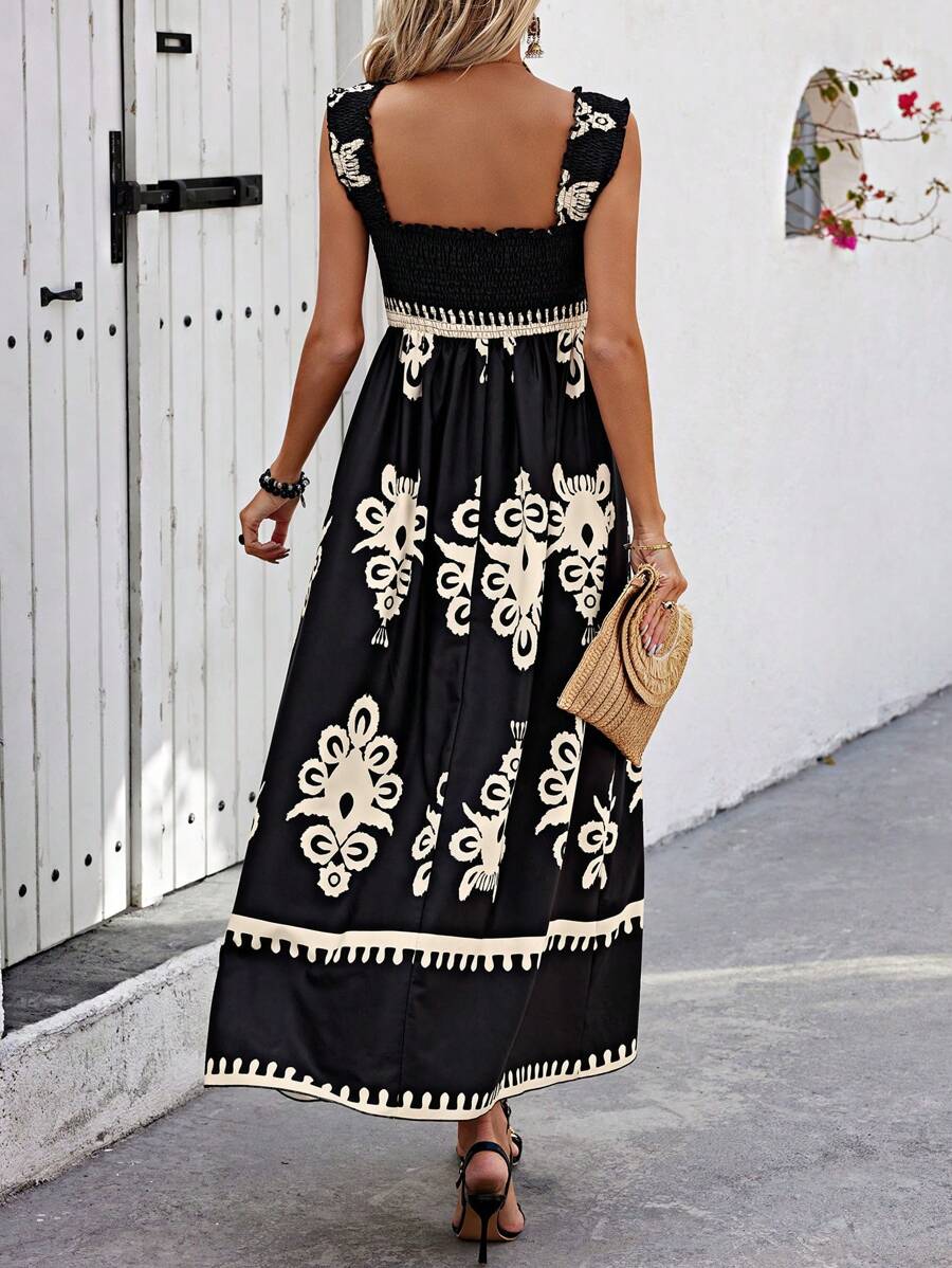 Solène | Women's Printed Maxi Beach Dress Square Neck - Cream - Image 7