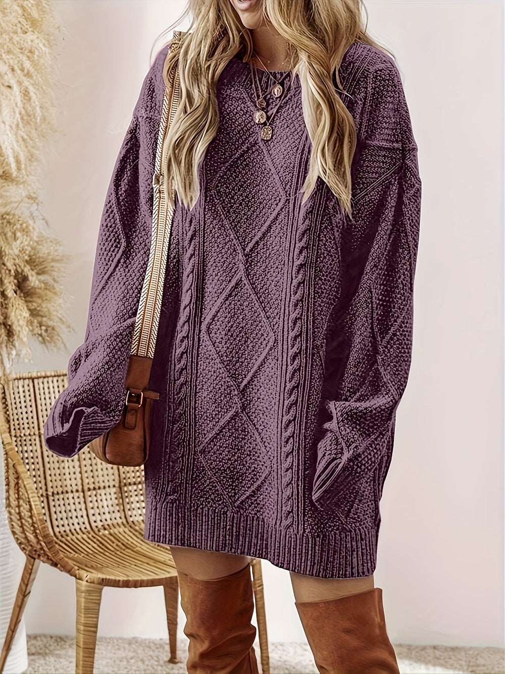 Solvaine | Women's Cable Knit Sweater Dress - Plum - Image 2