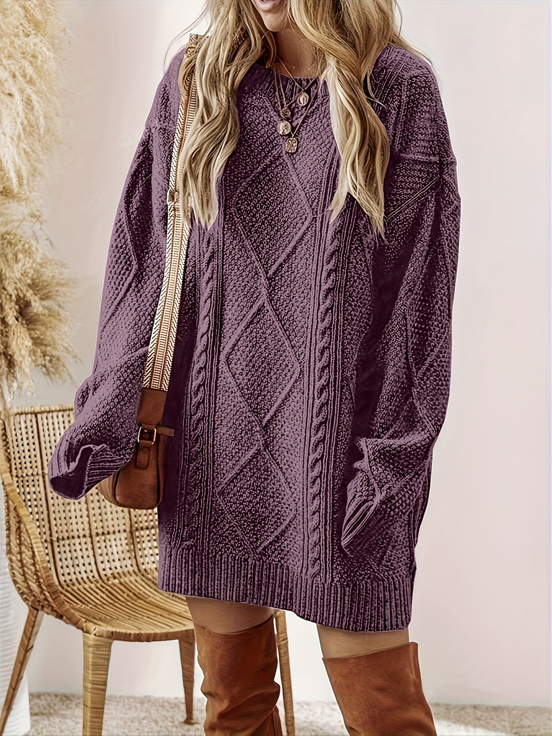 Solvaine | Women's Cable Knit Sweater Dress - Plum - Image 2