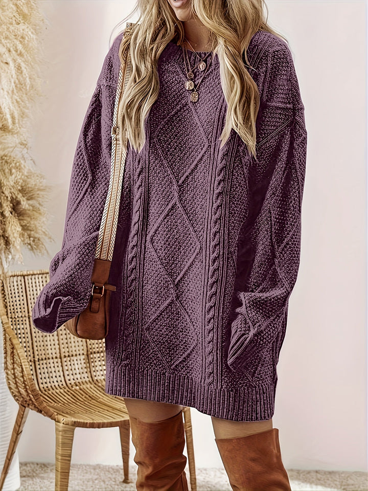 Solvaine | Women's Cable Knit Sweater Dress - Plum - Image 2