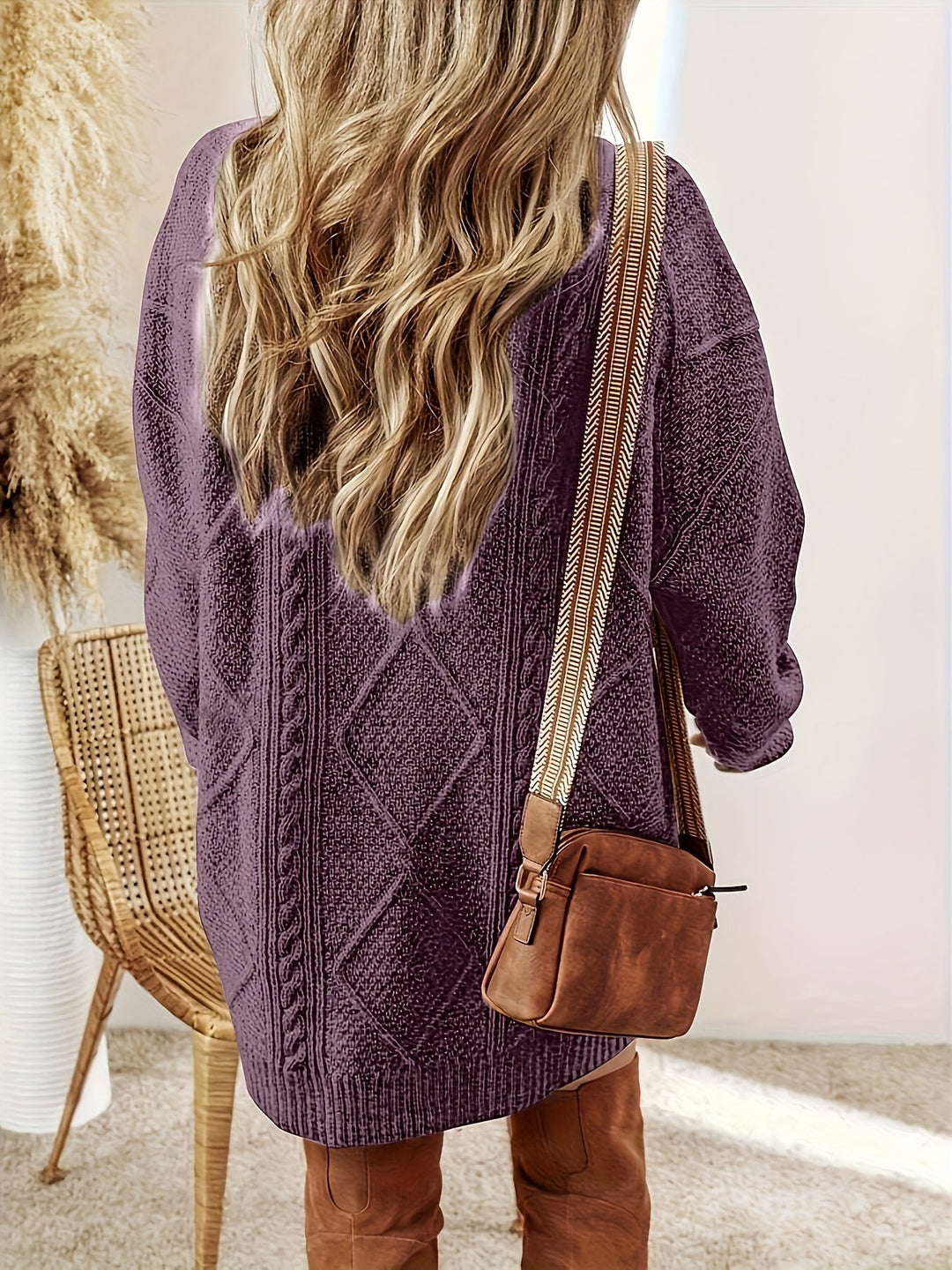 Solvaine | Women's Cable Knit Sweater Dress - Plum - Image 3
