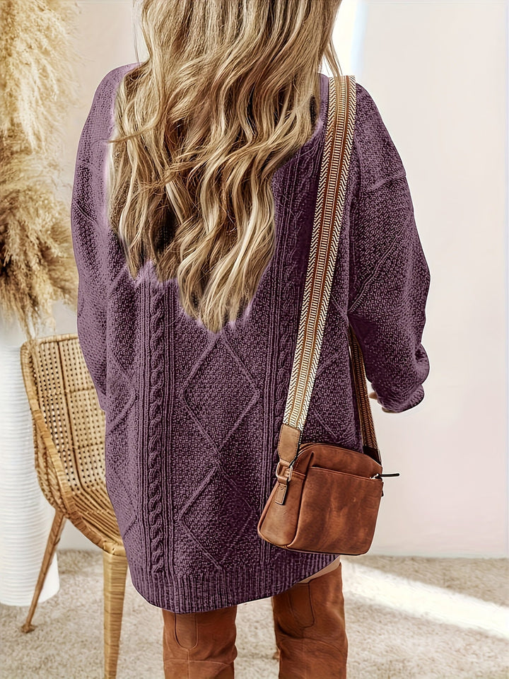 Solvaine | Women's Cable Knit Sweater Dress - Plum - Image 3