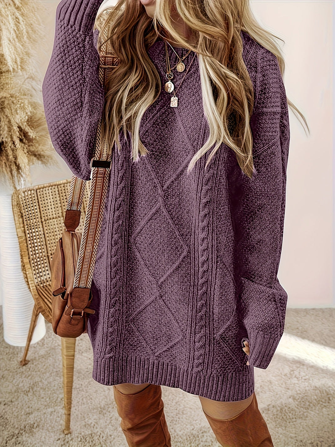 Solvaine | Women's Cable Knit Sweater Dress - Plum - Image 4