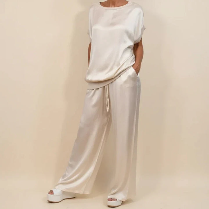 Solvaine | Women's Wide Leg Lounge Two-Piece Set - Cream - Image 1