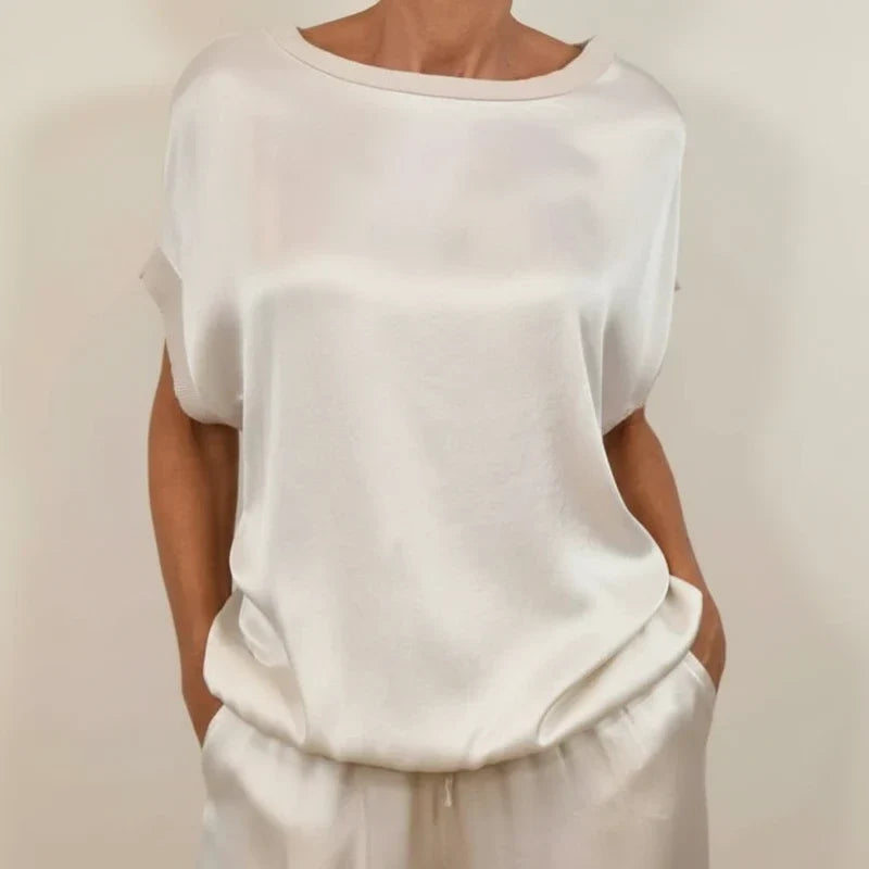 Solvaine | Women's Wide Leg Lounge Two-Piece Set - Cream - Image 2