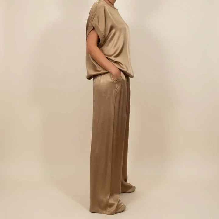 Solvaine | Women's Wide Leg Lounge Two-Piece Set - Cream - Image 8