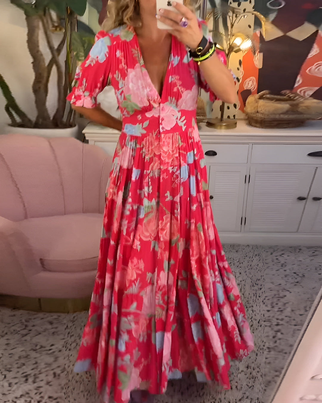 Sorella | Women's Floral Print V-Neck Maxi Dress - Red - Image 1