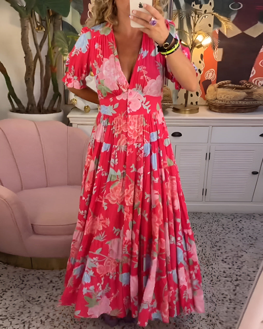 Sorella | Women's Floral Print V-Neck Maxi Dress - Red - Image 5