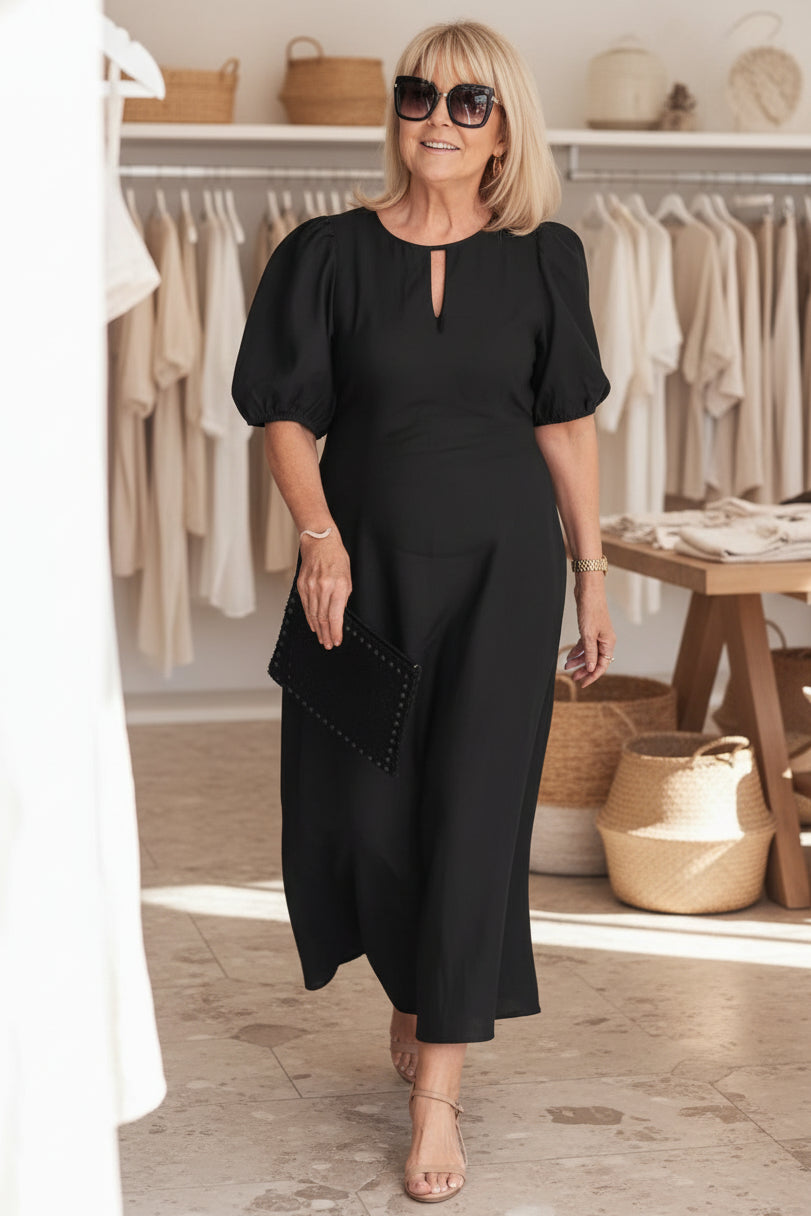 Sorinda | Women's Midi Dress Puff Sleeve Keyhole - Image 1