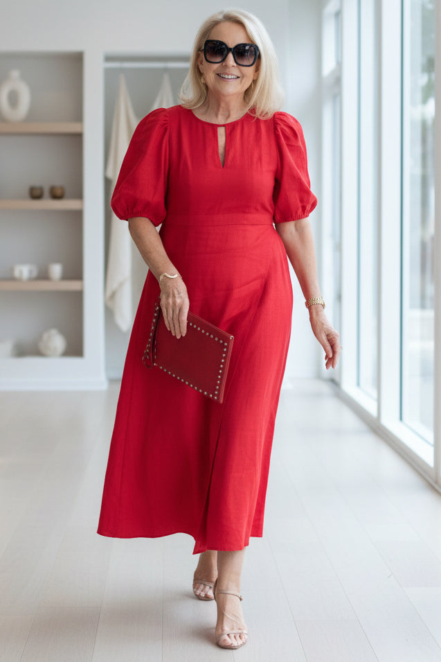 Sorinda | Women's Midi Dress Puff Sleeve Keyhole - Image 3