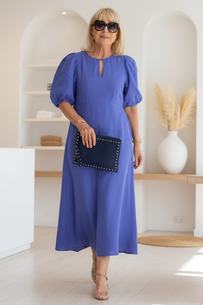 Sorinda | Women's Midi Dress Puff Sleeve Keyhole - Image 4