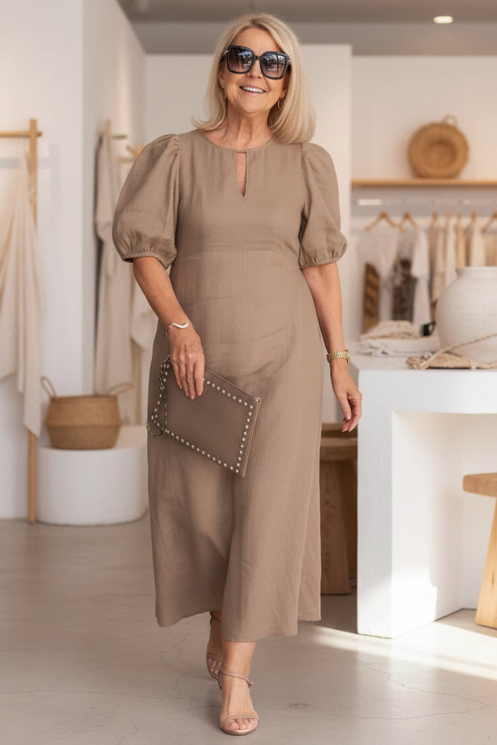 Sorinda | Women's Midi Dress Puff Sleeve Keyhole - Image 6