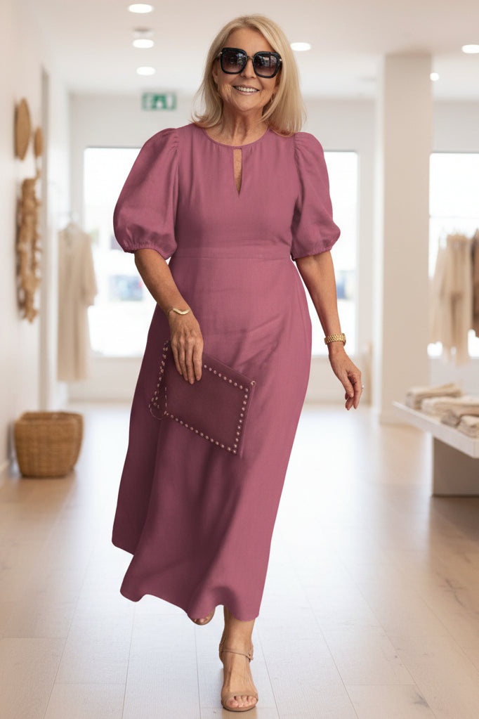 Sorinda | Women's Midi Dress Puff Sleeve Keyhole - Image 7