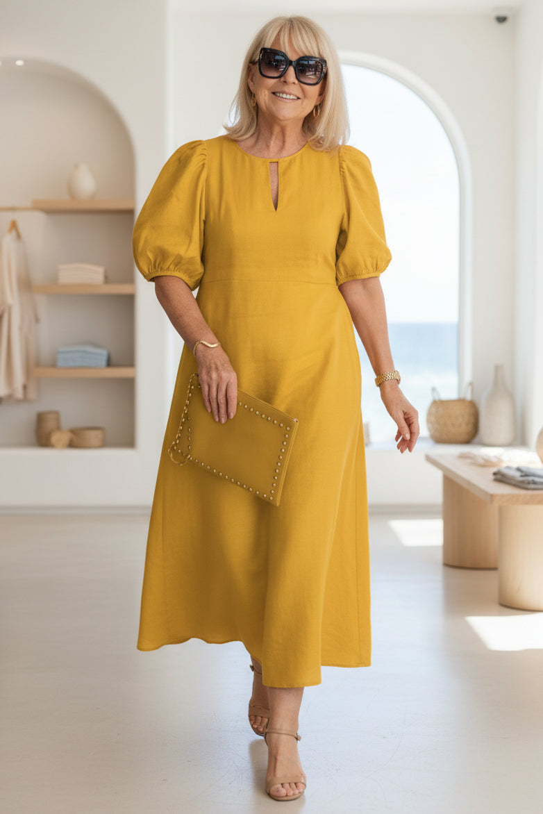 Sorinda | Women's Midi Dress Puff Sleeve Keyhole - Image 8