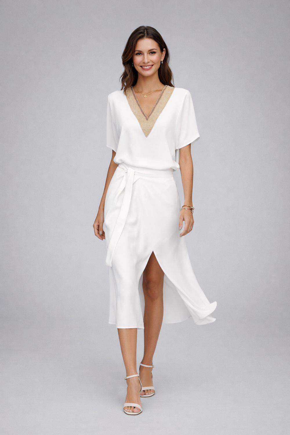 Sorvaine | Women's Summer Wrap Midi Dress - White - Image 2