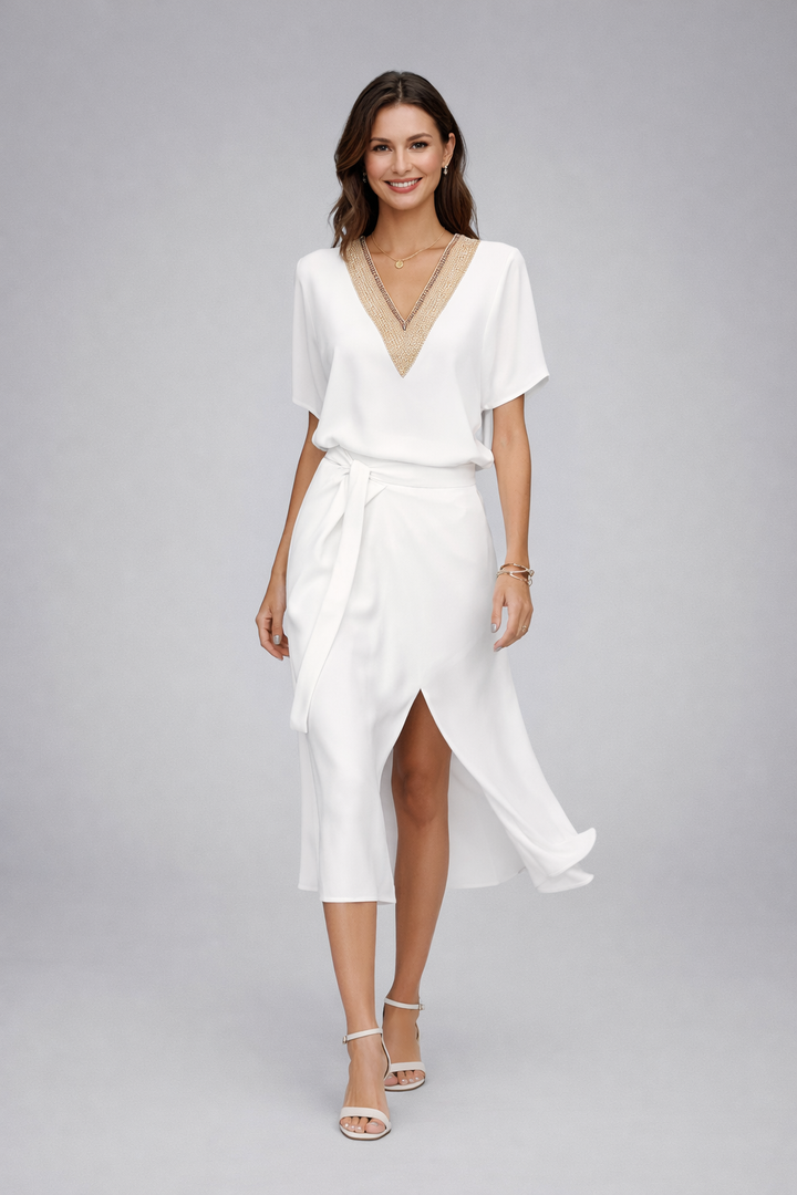 Sorvaine | Women's Summer Wrap Midi Dress - White - Image 2