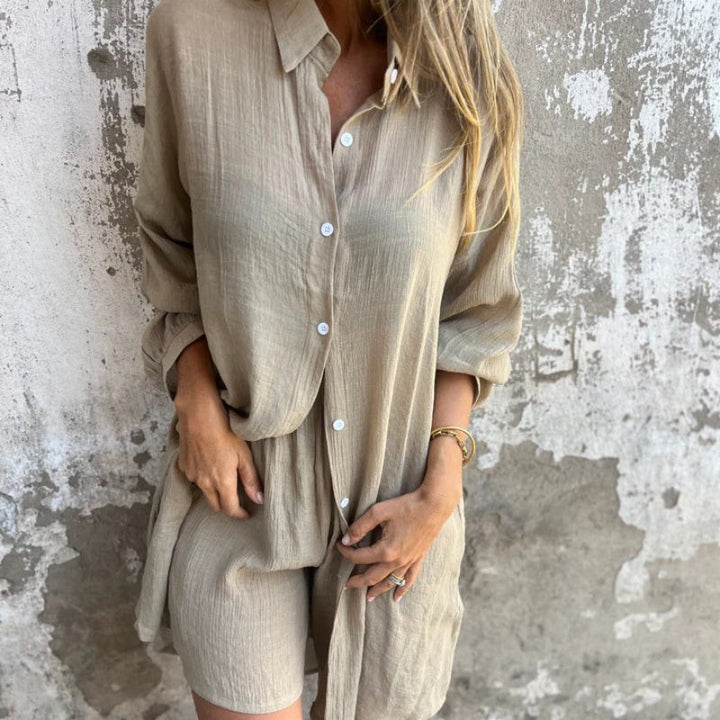 Sasha | Women's 2 Piece Linen Shirt and Shorts Set Long Sleeve