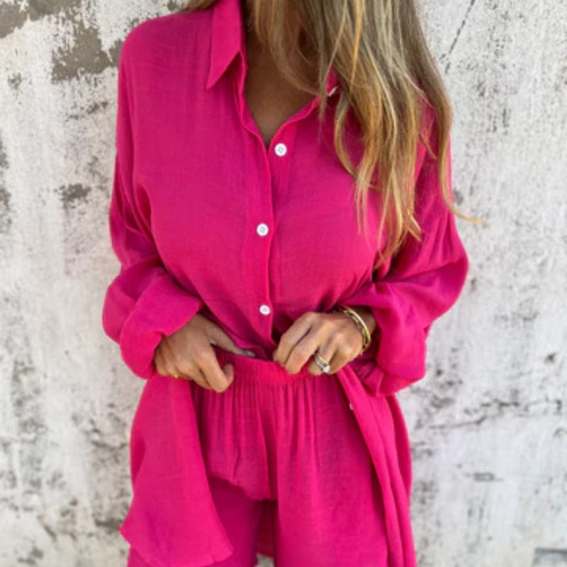 Sasha | Women's 2 Piece Linen Shirt and Shorts Set Long Sleeve