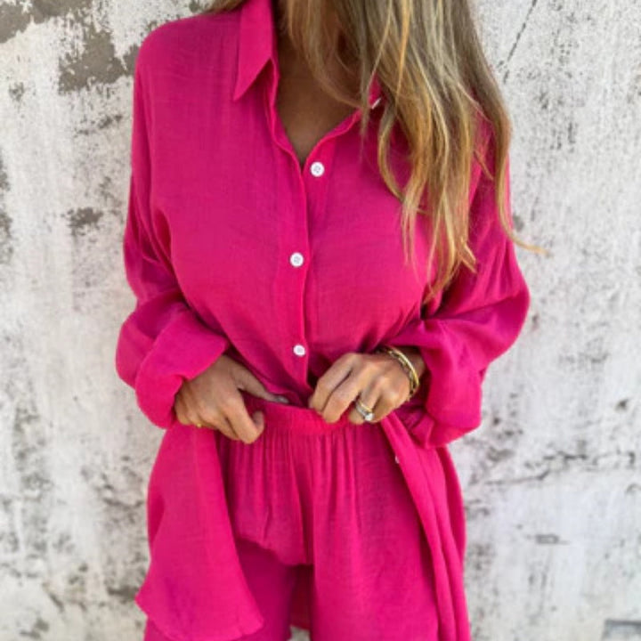 Sasha | Women's 2 Piece Linen Shirt and Shorts Set Long Sleeve