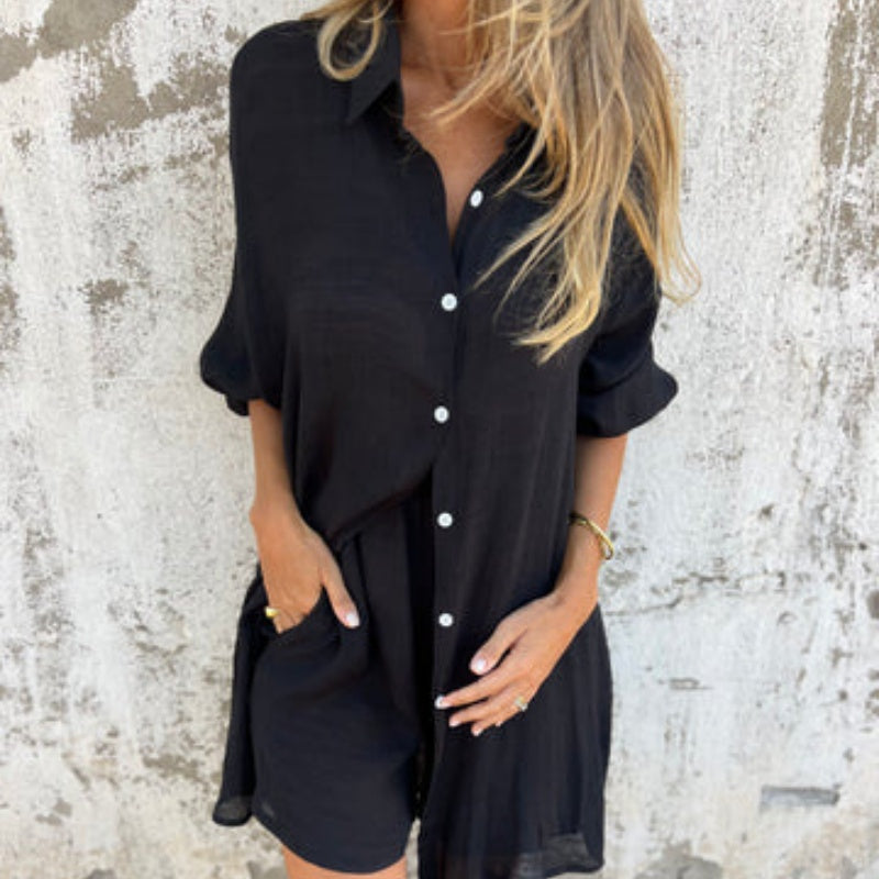 Sasha | Women's 2 Piece Linen Shirt and Shorts Set Long Sleeve