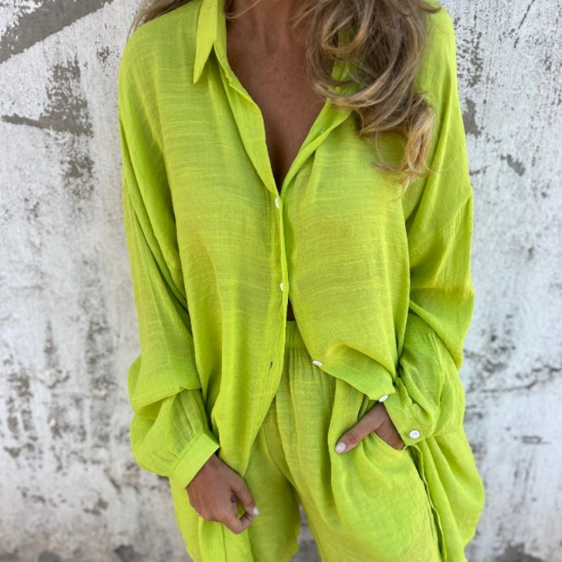 Sasha | Women's 2 Piece Linen Shirt and Shorts Set Long Sleeve