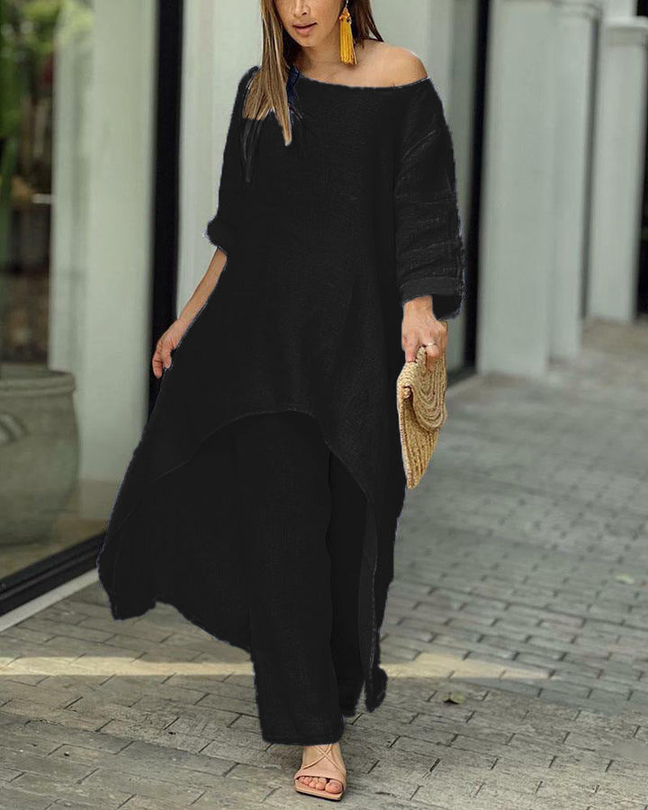 Clarisse | Women's Linen Two-Piece Set Asymmetric Top & Wide-Leg Trousers