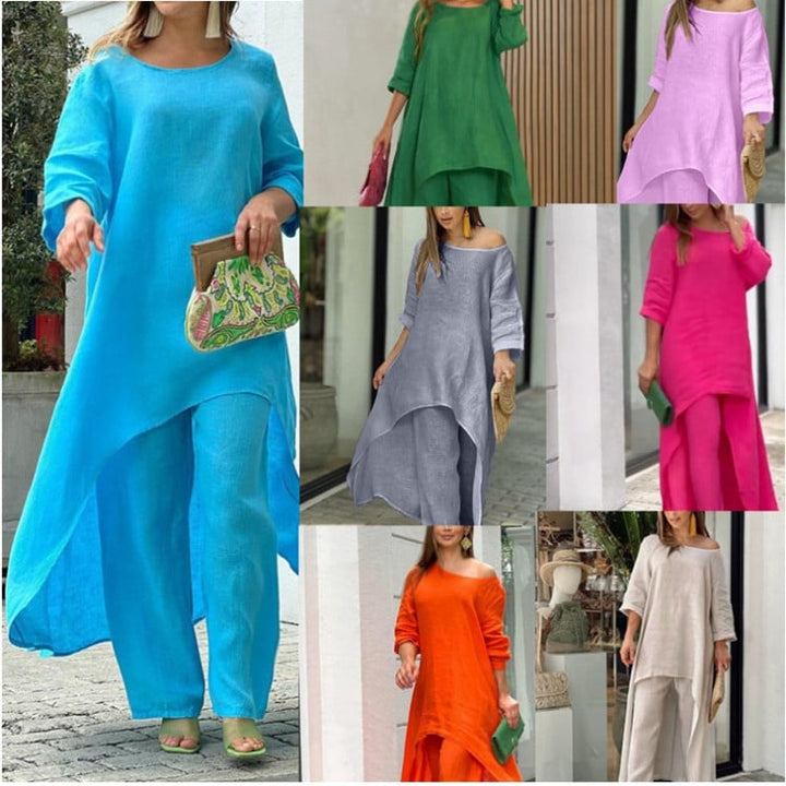 Clarisse | Women's Linen Two-Piece Set Asymmetric Top & Wide-Leg Trousers