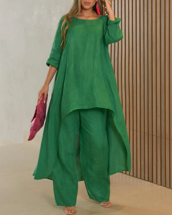 Clarisse | Women's Linen Two-Piece Set Asymmetric Top & Wide-Leg Trousers