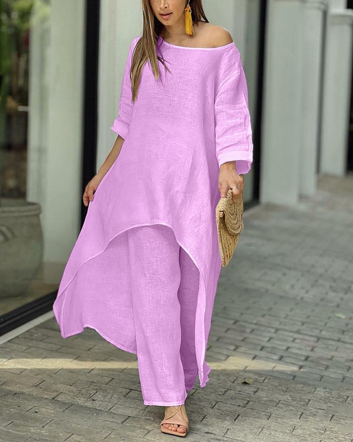 Clarisse | Women's Linen Two-Piece Set Asymmetric Top & Wide-Leg Trousers