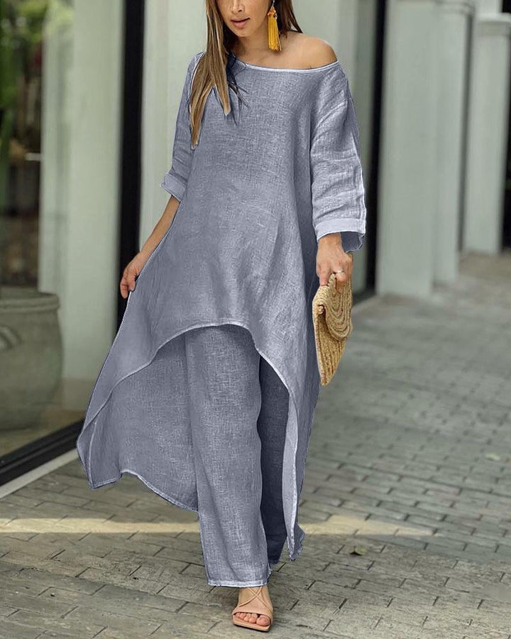 Clarisse | Women's Linen Two-Piece Set Asymmetric Top & Wide-Leg Trousers