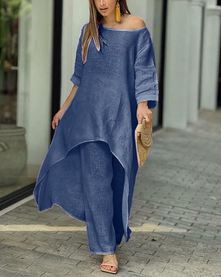Clarisse | Women's Linen Two-Piece Set Asymmetric Top & Wide-Leg Trousers