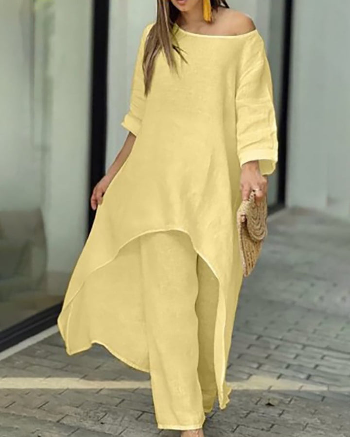 Clarisse | Women's Linen Two-Piece Set Asymmetric Top & Wide-Leg Trousers