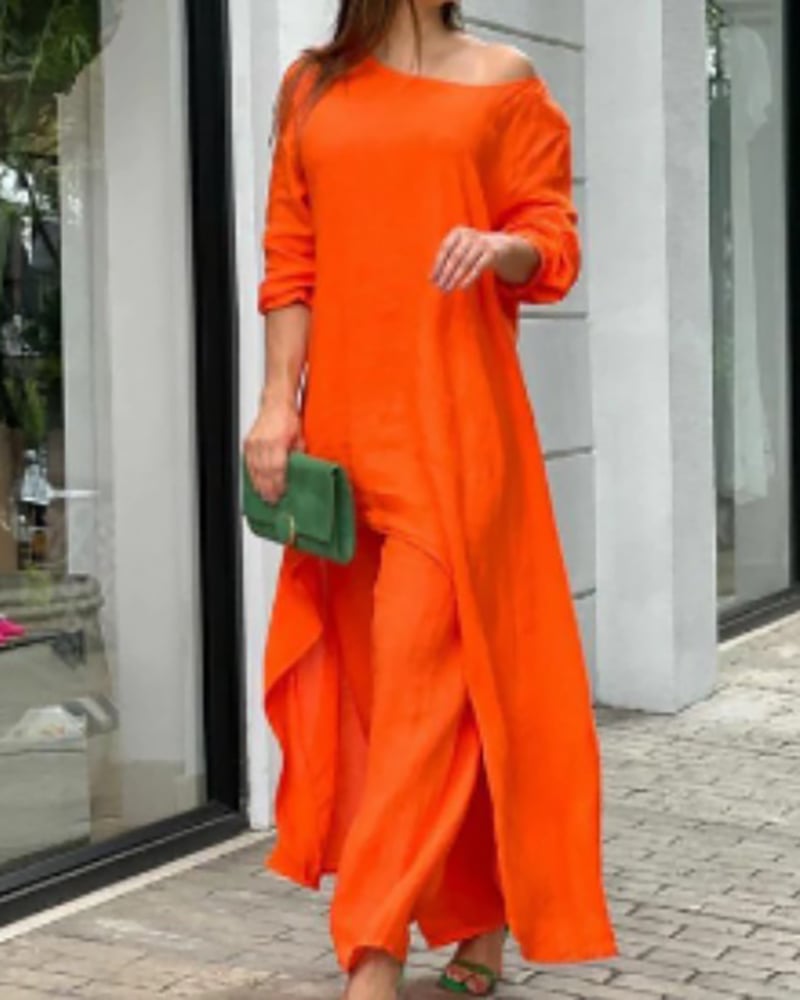 Clarisse | Women's Linen Two-Piece Set Asymmetric Top & Wide-Leg Trousers