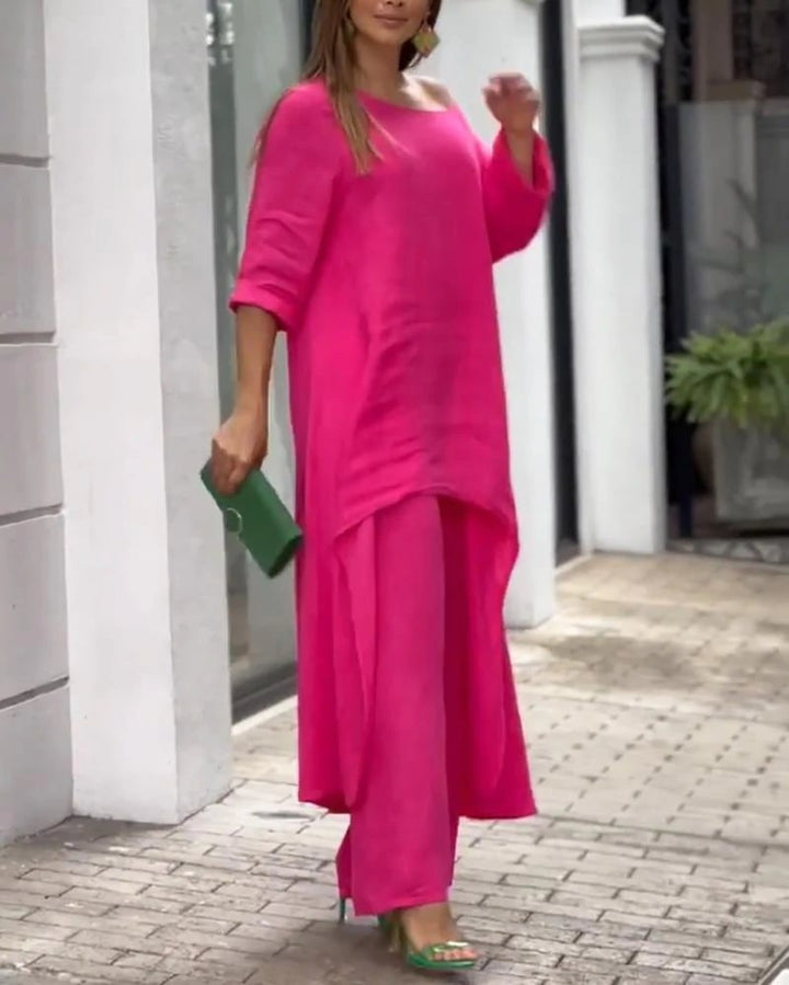 Clarisse | Women's Linen Two-Piece Set Asymmetric Top & Wide-Leg Trousers